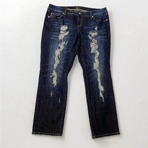 Torrid 18 Boyfriend distressed stretch dark wash blue jeans